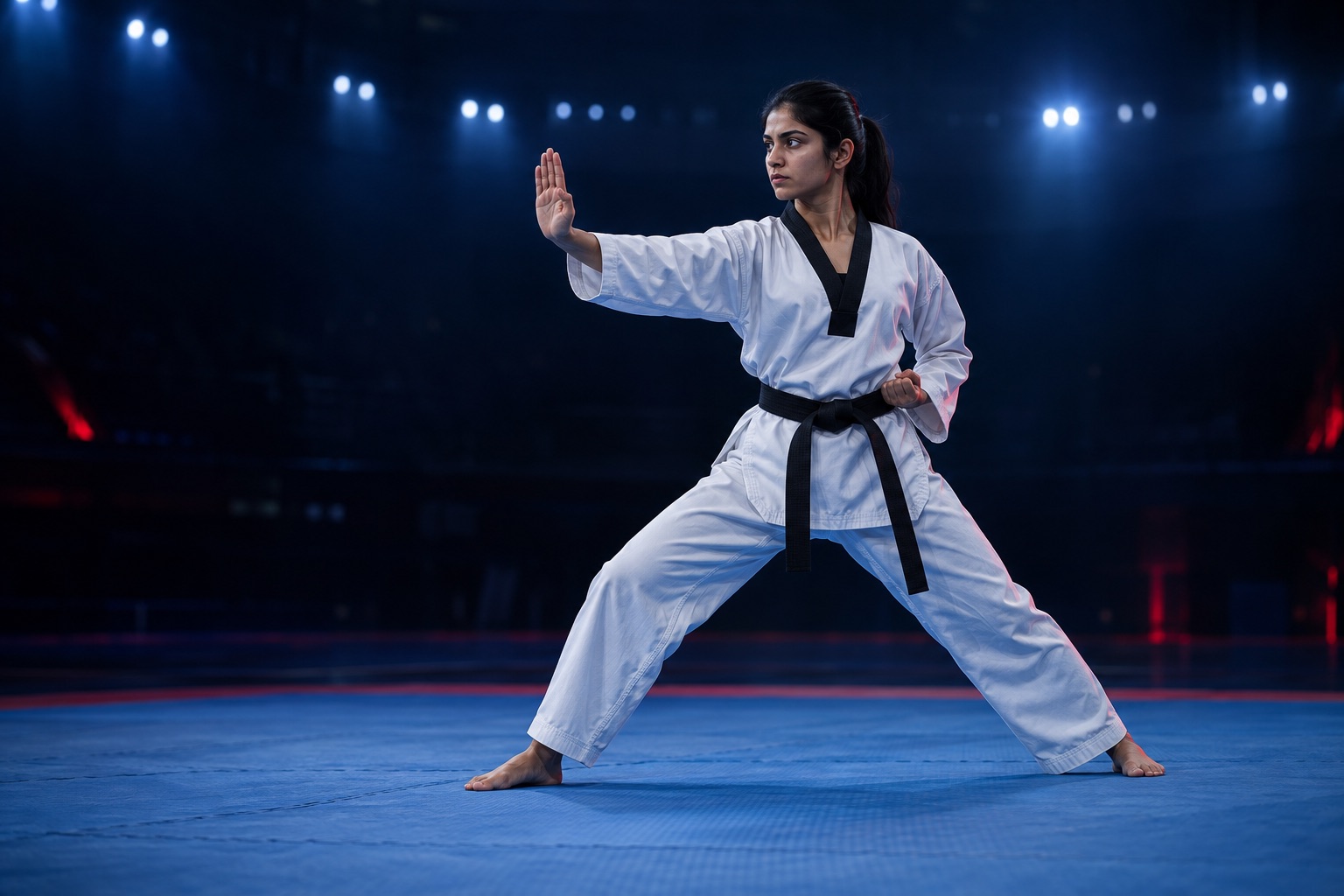 Taekwondo athlete performing a poomsae stance on a blue mat